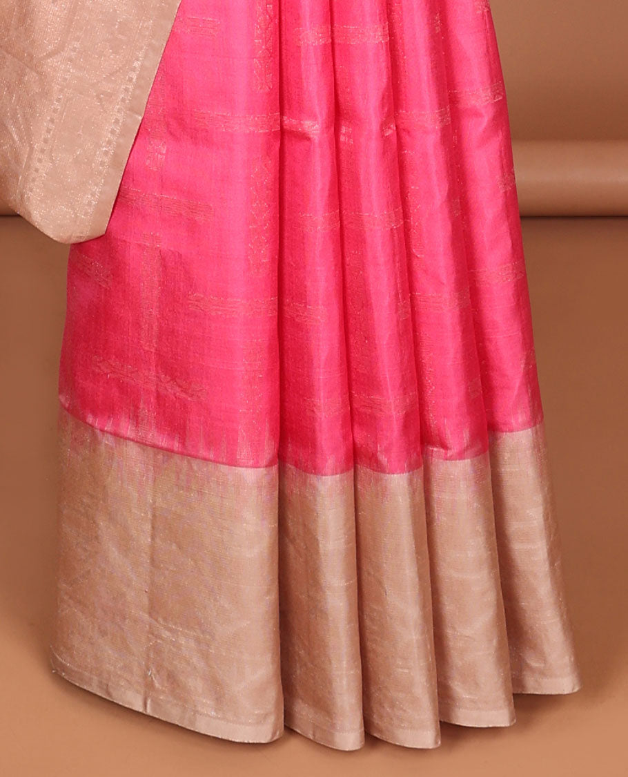 Pink soft silk saree with buttas, contrast border & pallu of patola-style designs