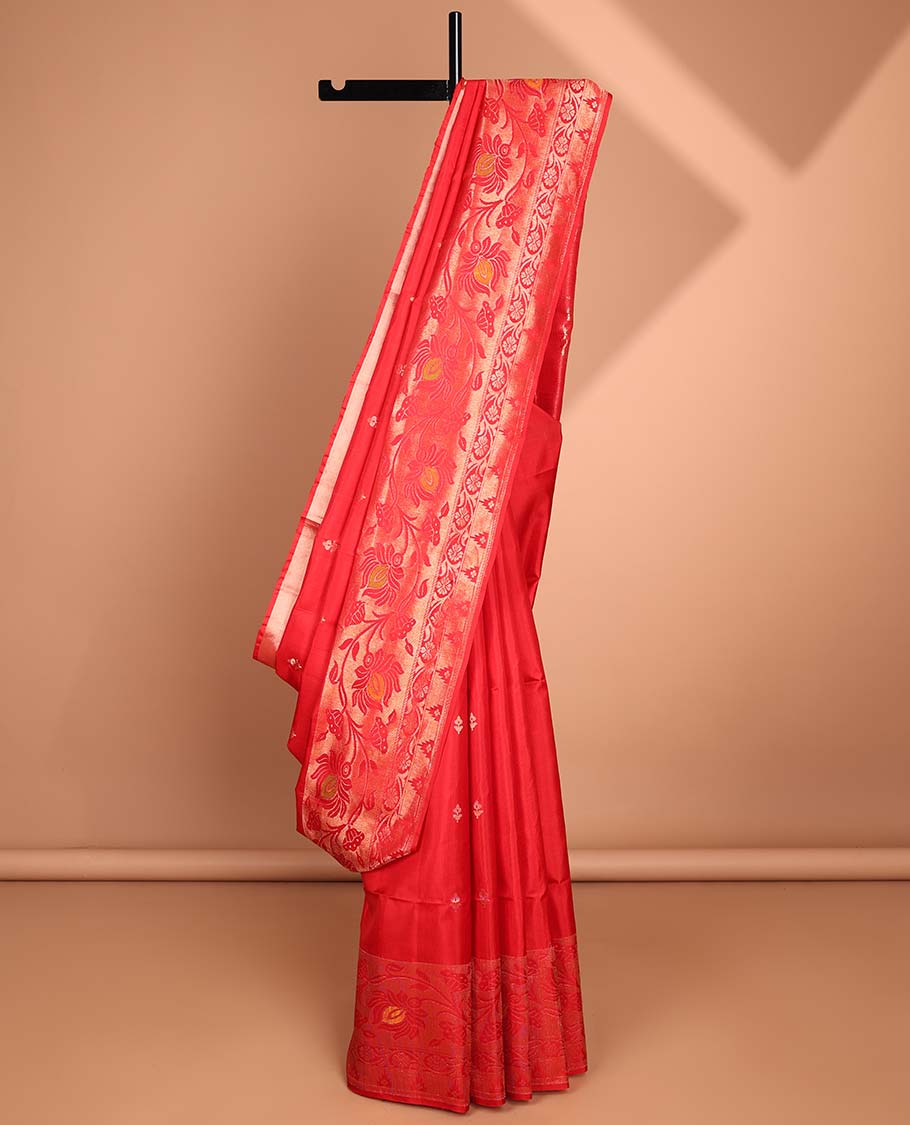Red floral buttas soft silk saree with self floral zari border & floral zari design pallu