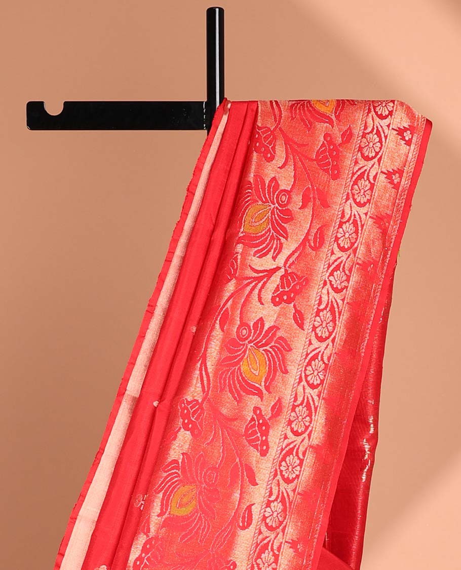 Red floral buttas soft silk saree with self floral zari border & floral zari design pallu