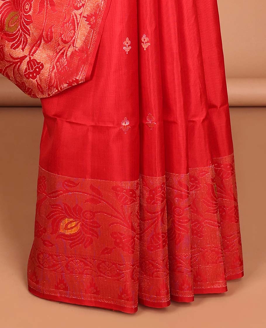 Red floral buttas soft silk saree with self floral zari border & floral zari design pallu