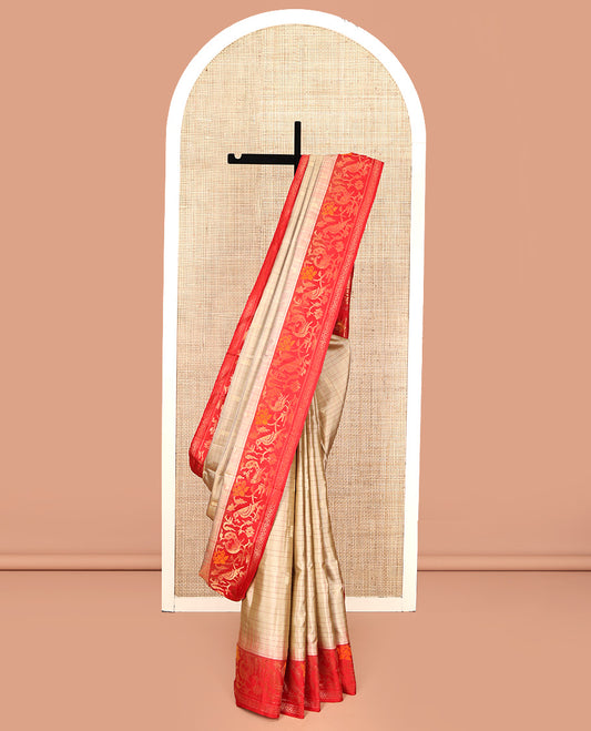 Light Sandal Mayuri Soft Silk Saree, Subtly Sparkled With Zari Buttas and Stripes All Over Its Body, Complemented by Contrast Border of Paithani-Style Flora and Fauna Design Weave, Pallu of Same Design, and Paired with a Contrast Blouse