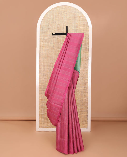 Borderless Pink striped soft silk saree with geometric patterned pallu