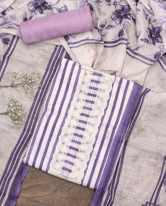 Lavender material chudidar set, striped and neck work top, plain bottom, and floral printed dupatta