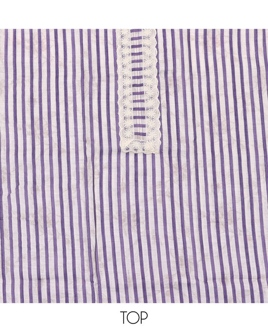 Lavender material chudidar set, striped and neck work top, plain bottom, and floral printed dupatta