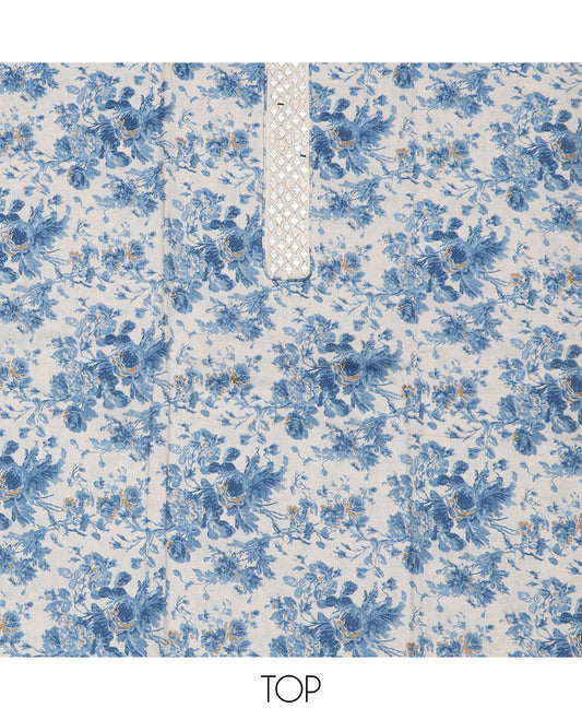 Blue material churidar set, floral with mirror embroidered top, contrast plain bottom, and a chevron design dupatta