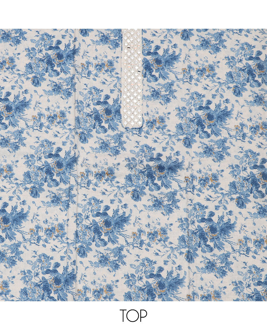 Blue material churidar set, floral with mirror embroidered top, contrast plain bottom, and a chevron design dupatta