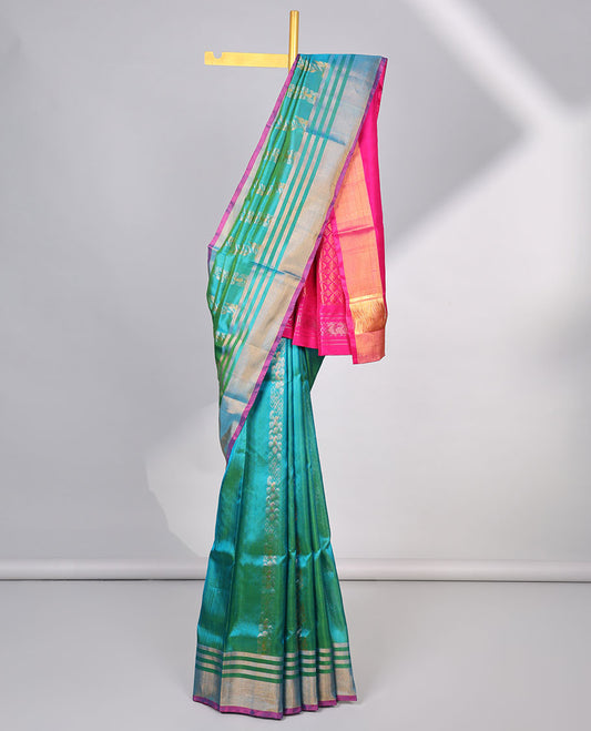Green striped floral design uppada silk saree with contrast striped zari border & pallu of argyle design