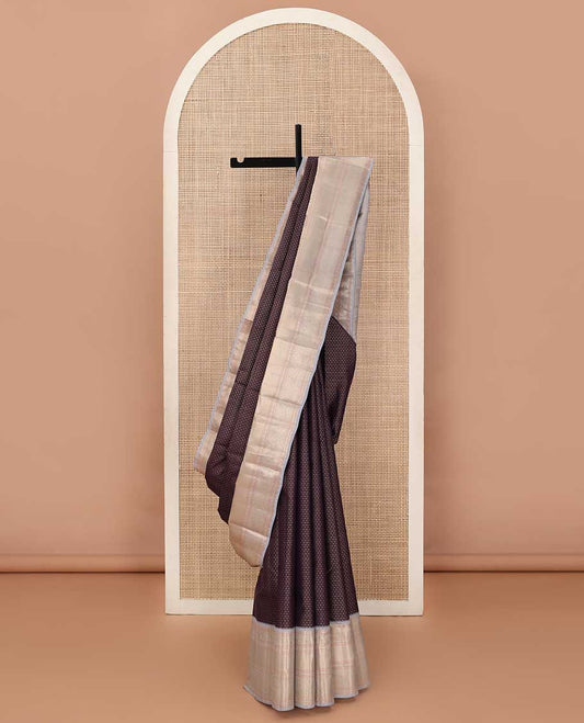 Chocolate brown zari buttas silk saree, contrast traditional zari border, and intricate pallu