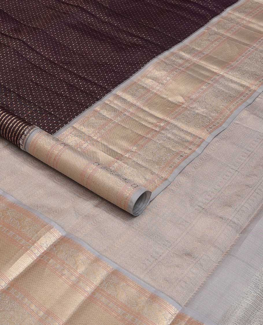 Chocolate brown zari buttas silk saree, contrast traditional zari border, and intricate pallu