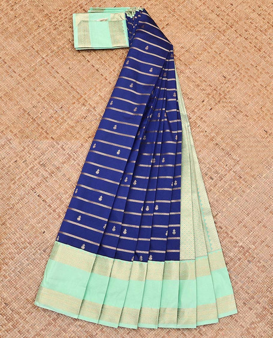 Blue Budget Silk Saree, Enriched with Zari Buttas and Stripes All Over Its Body, Complemented by Contrast Traditional Zari Designs Rettai Pettu Border, Grand Jaal Pallu and Paired with a Contrast Blouse