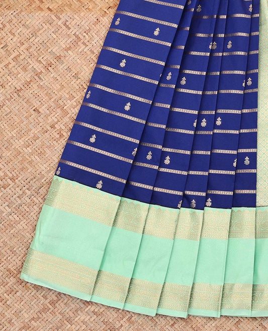 Blue Budget Silk Saree, Enriched with Zari Buttas and Stripes All Over Its Body, Complemented by Contrast Traditional Zari Designs Rettai Pettu Border, Grand Jaal Pallu and Paired with a Contrast Blouse