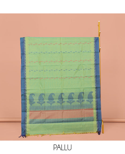 Blue Kanchi Cotton Saree, Elevated with Buttas on Its Body, Complemented by Contrast Border, a Pallu of Geometric-Paisley Designs, and Paired with a Matching Blouse