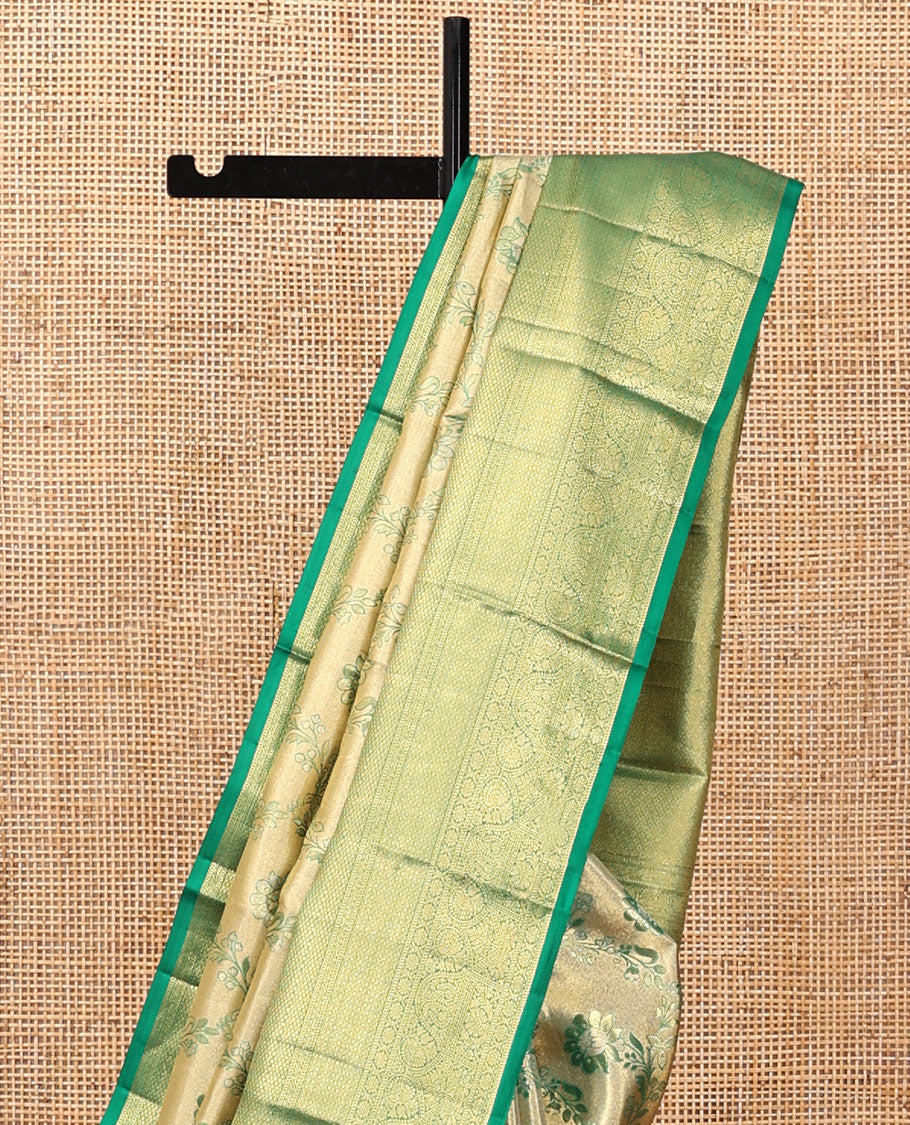 Gold Floral Jacquard Kanchipuram Tissue Silk Saree, Complemented by a Contrast Border of Thilakam Mokku, Muthu, Mayil Kann, Jaal, Cross Kamalam, and Manga, Grand Pallu, and a Matching Blouse