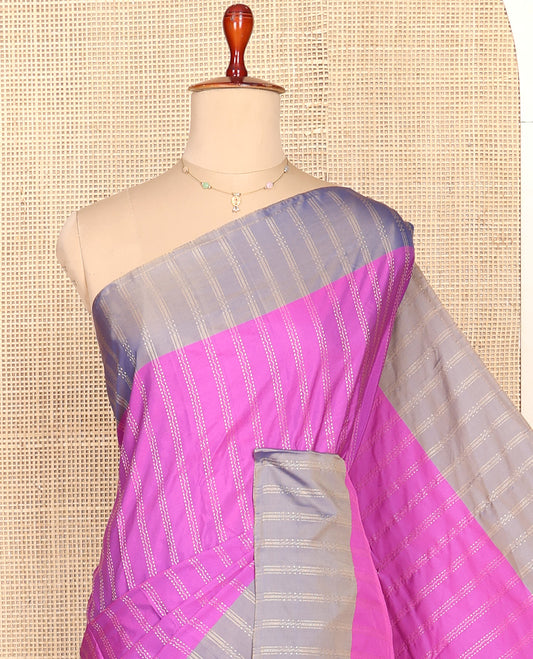 Pink Aarani Silk Saree, Embellished with Zari Stripes All Over Its Body, Complemented by a Contrast Zari Striped Border, Pallu of Stripes, and Paired with a Matching Blouse