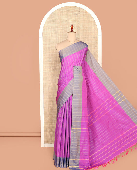 Pink Aarani Silk Saree, Embellished with Zari Stripes All Over Its Body, Complemented by a Contrast Zari Striped Border, Pallu of Stripes, and Paired with a Matching Blouse