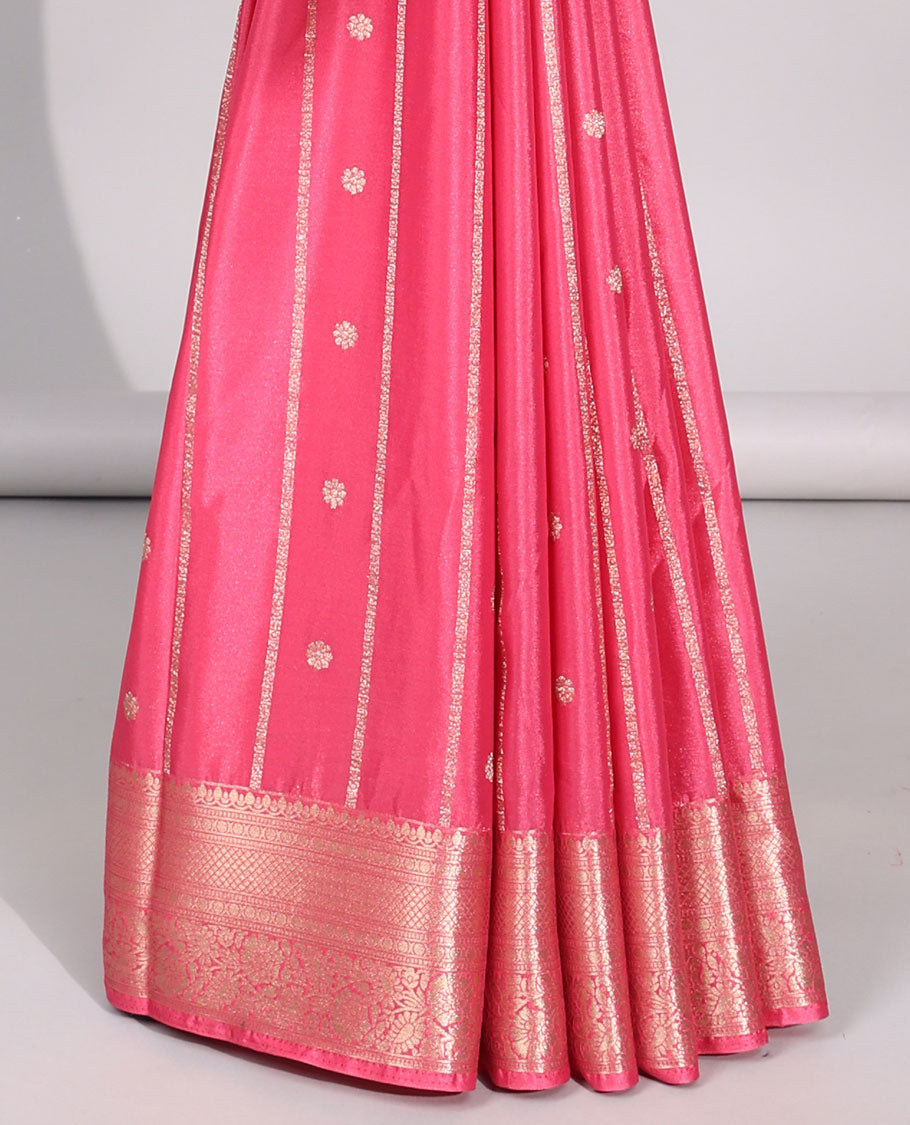 Pink  striped , floral motifs art mysore silk saree with contrast zari design border & pallu of intricate design