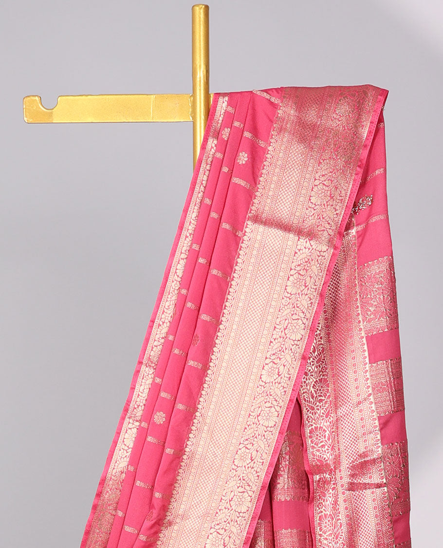 Pink  striped , floral motifs art mysore silk saree with contrast zari design border & pallu of intricate design