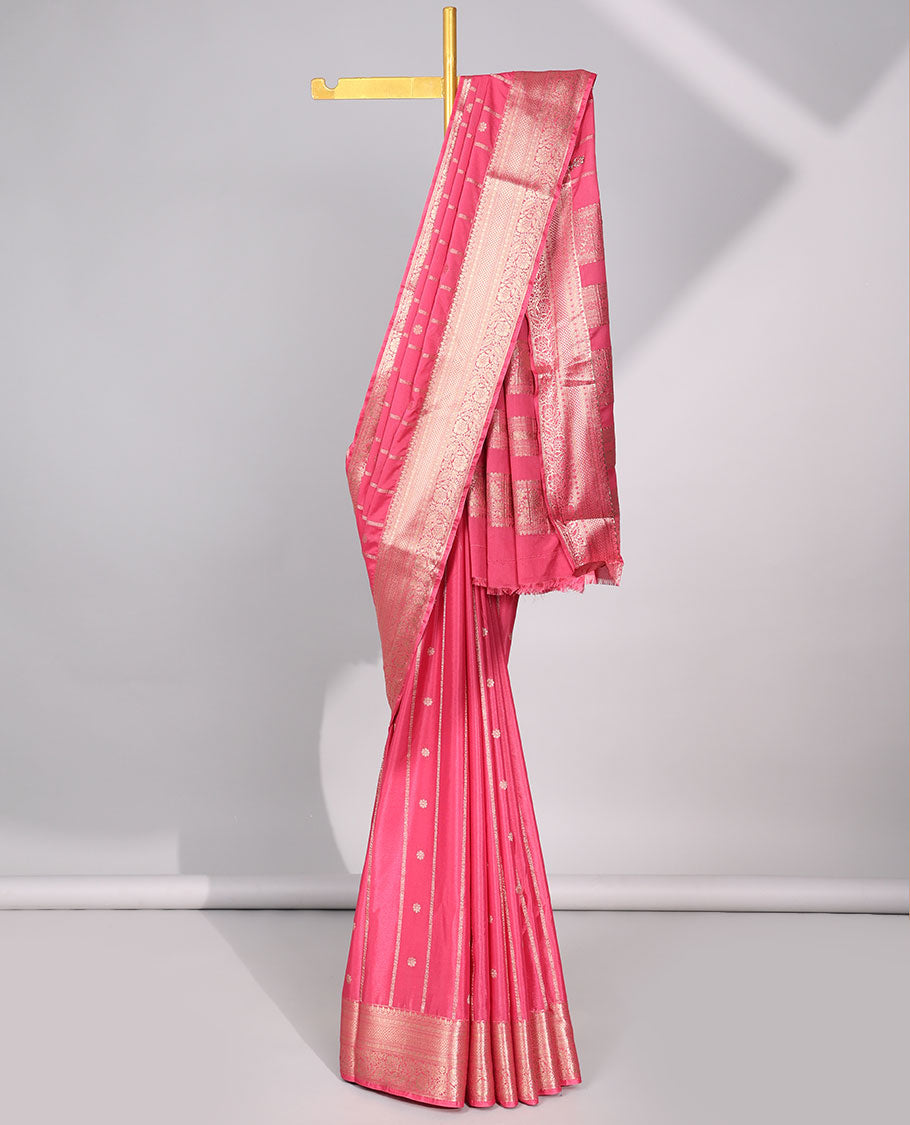 Pink  striped , floral motifs art mysore silk saree with contrast zari design border & pallu of intricate design