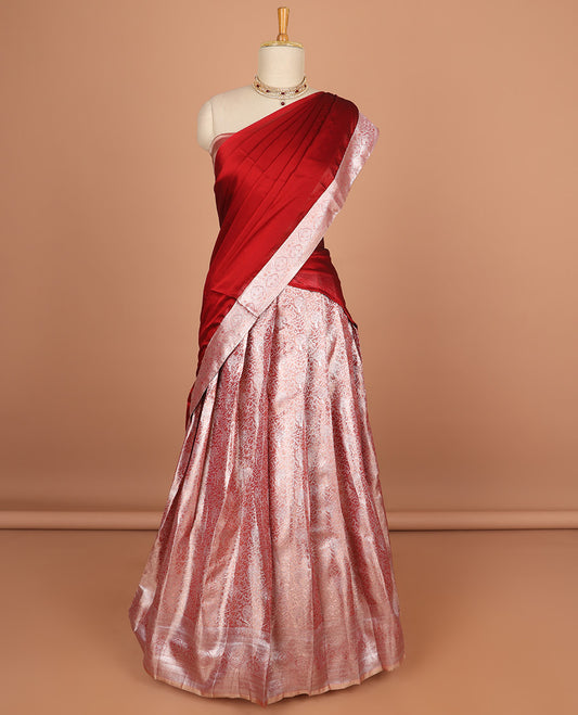 Red floral jacquard half saree with self floral zaei design border , zari design blouse & plain, zari design border dhavani
