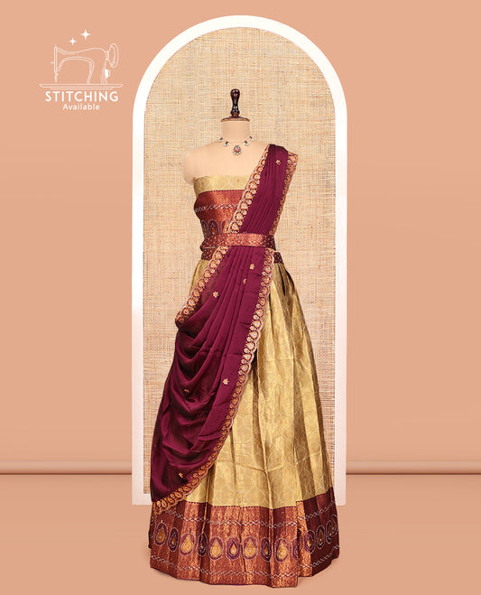 Gold-Brown Banarasi Half-Saree, Bedecked with Butta Enclosed Ogee Design, a Contrast Traditional Zari Stone Work Border, a Matching Blouse, and a Contrast Embroidered Dhavani