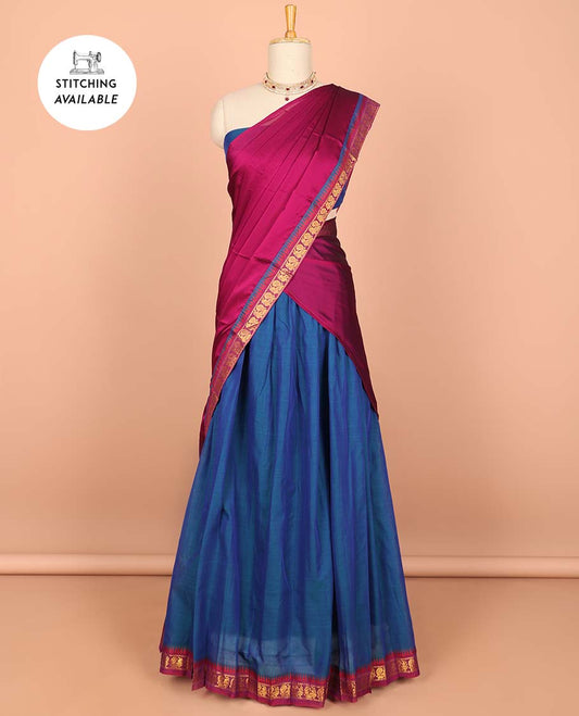 Blue cotton half saree with contrast zari border, plain blouse & plain with peacock zari border dhavani