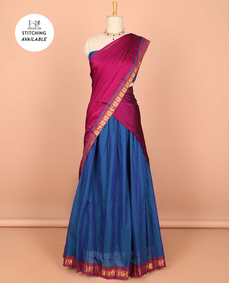 Blue cotton half saree with contrast zari border, plain blouse & plain with peacock zari border dhavani