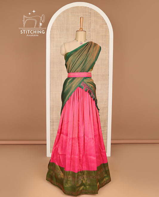 Pink floral design banaras half saree with contrast zari design border , zari design blouse & floral zari design dhavani