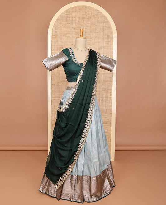 Grey floral art silk half saree with contrast zari design border, embroidered blouse & floral embroidery dhavani