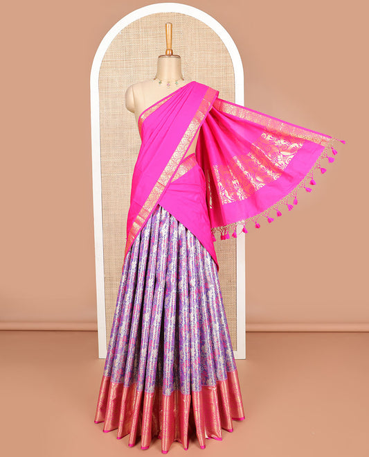 Purple floral jaal design art sillk saree with contrast border of intricate zari designs, zari design blouse & floral design dhavani