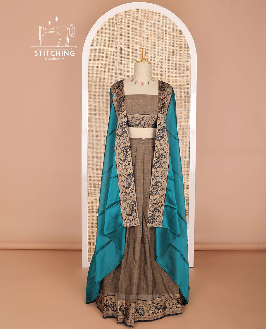Brown cotton half saree with contrast floral design border, floral blouse & floral design border dhavani