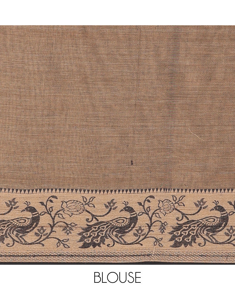 Brown cotton half saree with contrast floral design border, floral blouse & floral design border dhavani