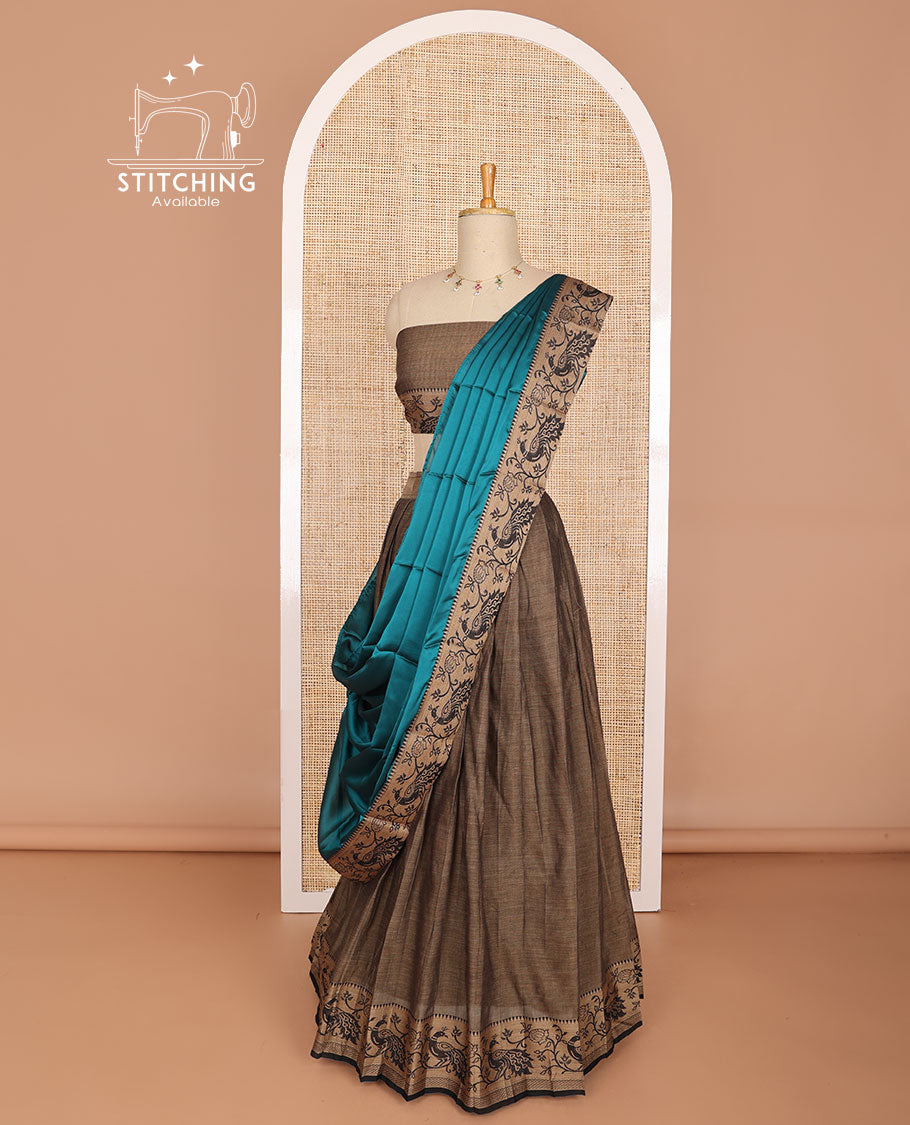 Brown cotton half saree with contrast floral design border, floral blouse & floral design border dhavani