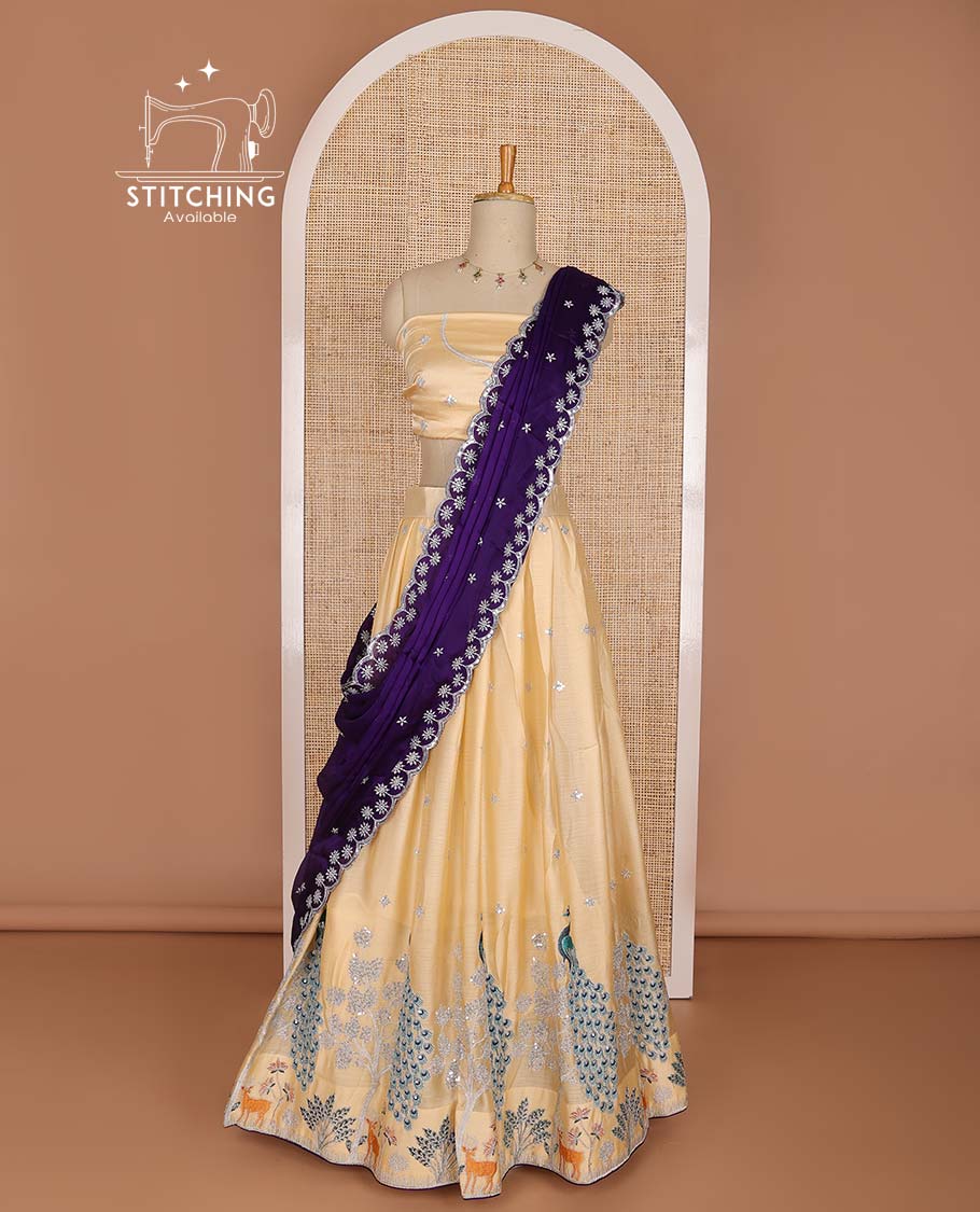Skin color animal, floral buttas embroidery half saree with embroidery blouse & floral embroidered dhavani