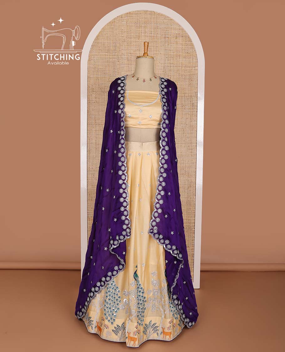 Skin color animal, floral buttas embroidery half saree with embroidery blouse & floral embroidered dhavani