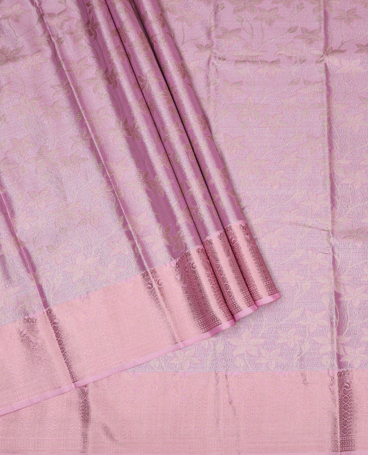 Pink art silk pavadai material set, floral jaal jacquard pavadai, jaal design blouse & traditional zari border