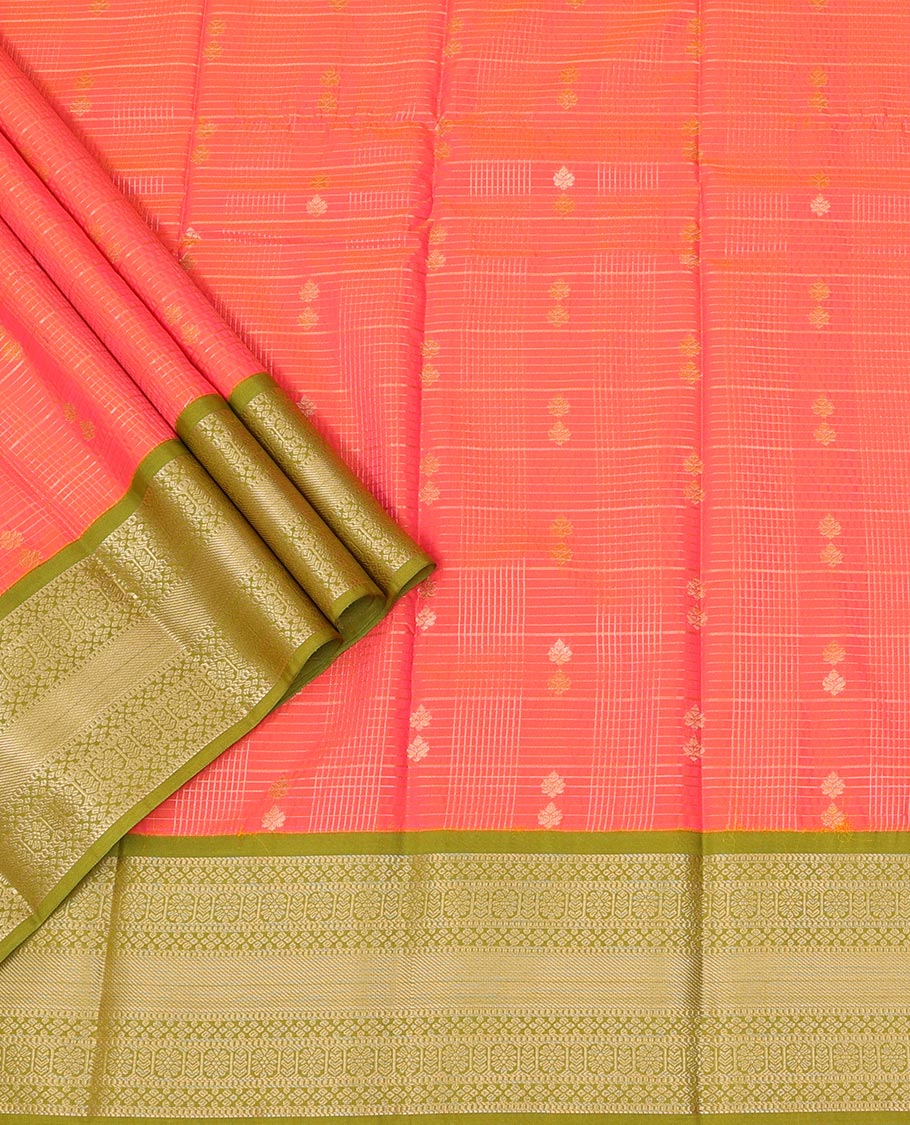 Pink Art Silk Pavadai Material Set Featuring Zari Butta Enclosed Checks Skirt, Complemented by a Contrast Traditional Zari Motifs Woven Border, and Paired with a Contrast Blouse
