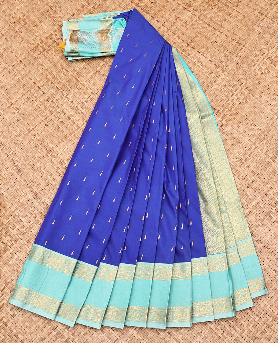Royal Blue Budget Silk Saree, Featuring Temple Zari Buttas All Over Its Body, Complemented by a Contrast Traditional Zari Design Rettai Pettu Border, Grand Jaal Pallu, and Paired with a Contrast Blouse