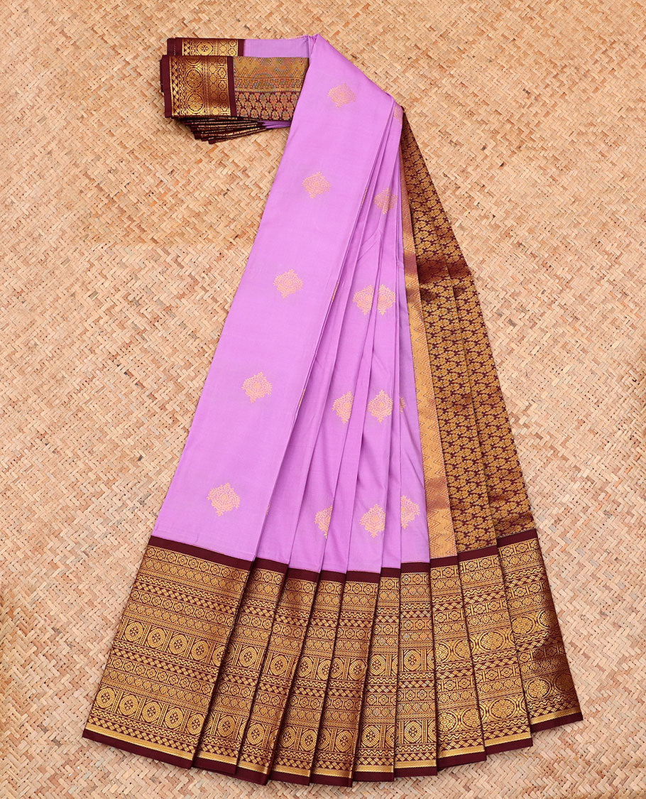 Lavender Budget Silk Saree, Beautified with Zari Buttas on Its Body, Complemented by a Contrast Traditional Zari Design Border, Intricately Designed Pallu, and Paired with a Contrast Blouse