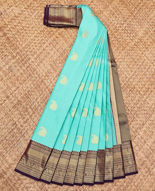 Blue Budget Silk Saree, Woven with Zari Buttas, Complemented by a Contrast Traditional Zari Border, Grand Pallu, and a Contrast Blouse