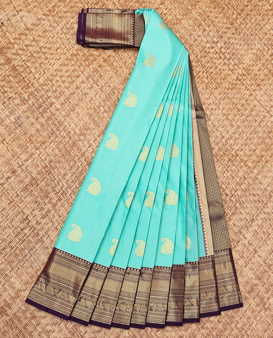 Blue Budget Silk Saree, Woven with Zari Buttas, Complemented by a Contrast Traditional Zari Border, Grand Pallu, and a Contrast Blouse