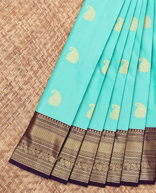 Blue Budget Silk Saree, Woven with Zari Buttas, Complemented by a Contrast Traditional Zari Border, Grand Pallu, and a Contrast Blouse