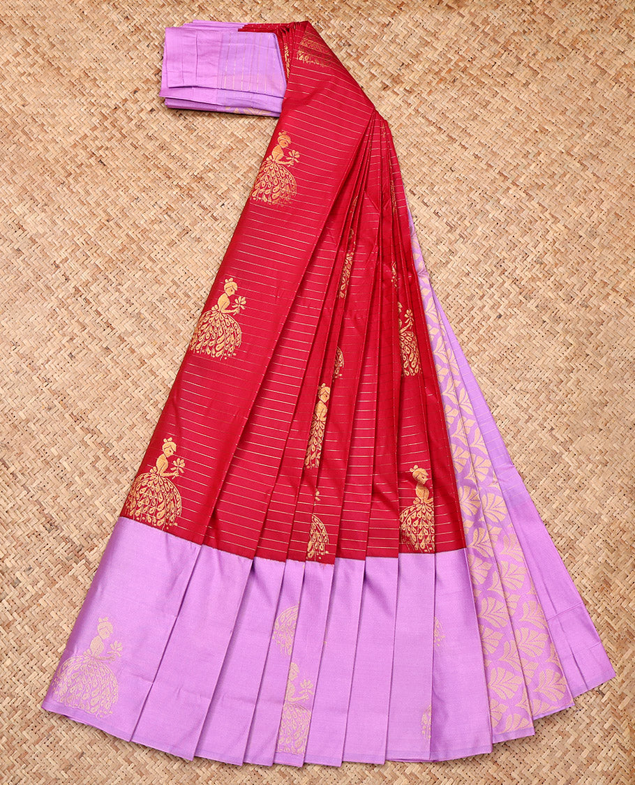 Red Budget Silk Saree, Spotlighted with Zari Buttas and Stripes, Complemented by a Contrast Girl Figurine Zari Border, Grand Pallu, and a Contrast Blouse
