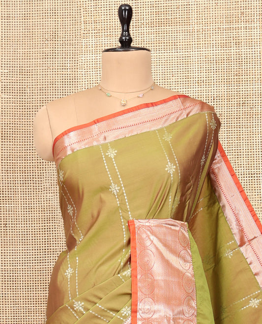 Green Budget Silk Saree, Enthralled with Zari Stripes, Complemented by Contrast Traditional Zari Border, Pallu of Jaal Designs, and Contrast Blouse