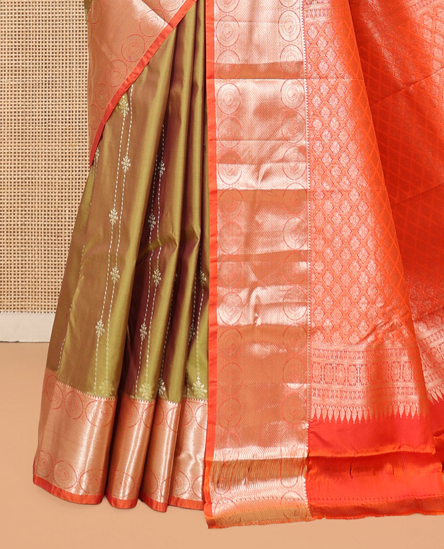 Green Budget Silk Saree, Enthralled with Zari Stripes, Complemented by Contrast Traditional Zari Border, Pallu of Jaal Designs, and Contrast Blouse