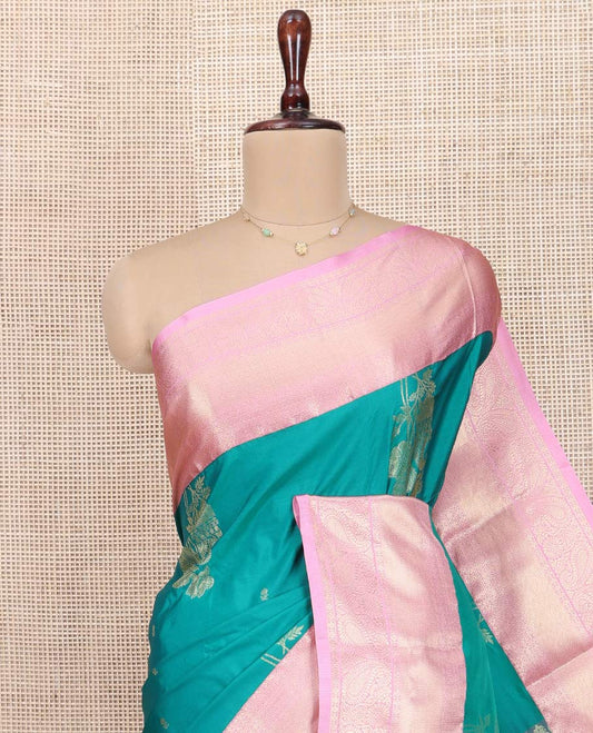 Green Budget Silk Saree, Bedecked with Zari Buttas All Over Its Body, Complemented by a Contrast Traditional Zari Design Border, Intricately Designed Pallu, and Paired with a Contrast Blouse
