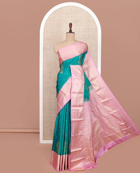 Green Budget Silk Saree, Bedecked with Zari Buttas All Over Its Body, Complemented by a Contrast Traditional Zari Design Border, Intricately Designed Pallu, and Paired with a Contrast Blouse