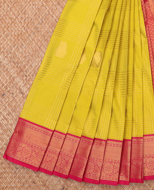 Yellow Budget Silk Saree, Subtly Woven with Zari Butta Enclosed Checks On Its Body, Complemented by Contrast Traditional Zari Designs Woven Border, Grand Pallu and Paired with a Contrast Blouse