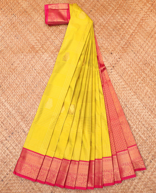 Yellow Budget Silk Saree, Subtly Woven with Zari Butta Enclosed Checks On Its Body, Complemented by Contrast Traditional Zari Designs Woven Border, Grand Pallu and Paired with a Contrast Blouse