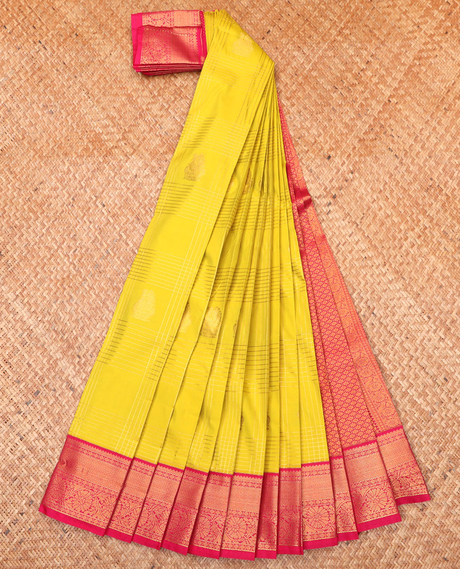 Yellow Budget Silk Saree, Subtly Woven with Zari Butta Enclosed Checks On Its Body, Complemented by Contrast Traditional Zari Designs Woven Border, Grand Pallu and Paired with a Contrast Blouse