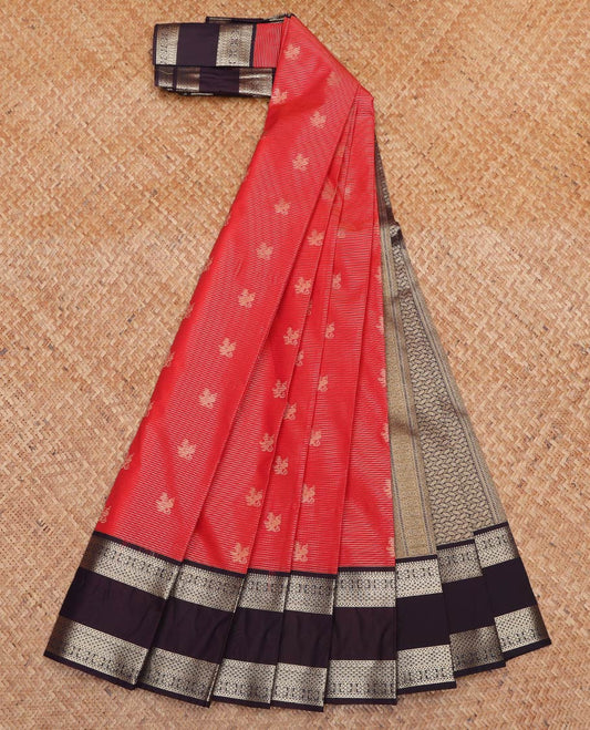 Red Budget Silk Saree, Enriched with Zari Buttas and Stripes On Its Body, Complemented by Contrast Traditional Zari Designs Woven Rettai Pettu Border, Grand Pallu and Paired with a Contrast Blouse